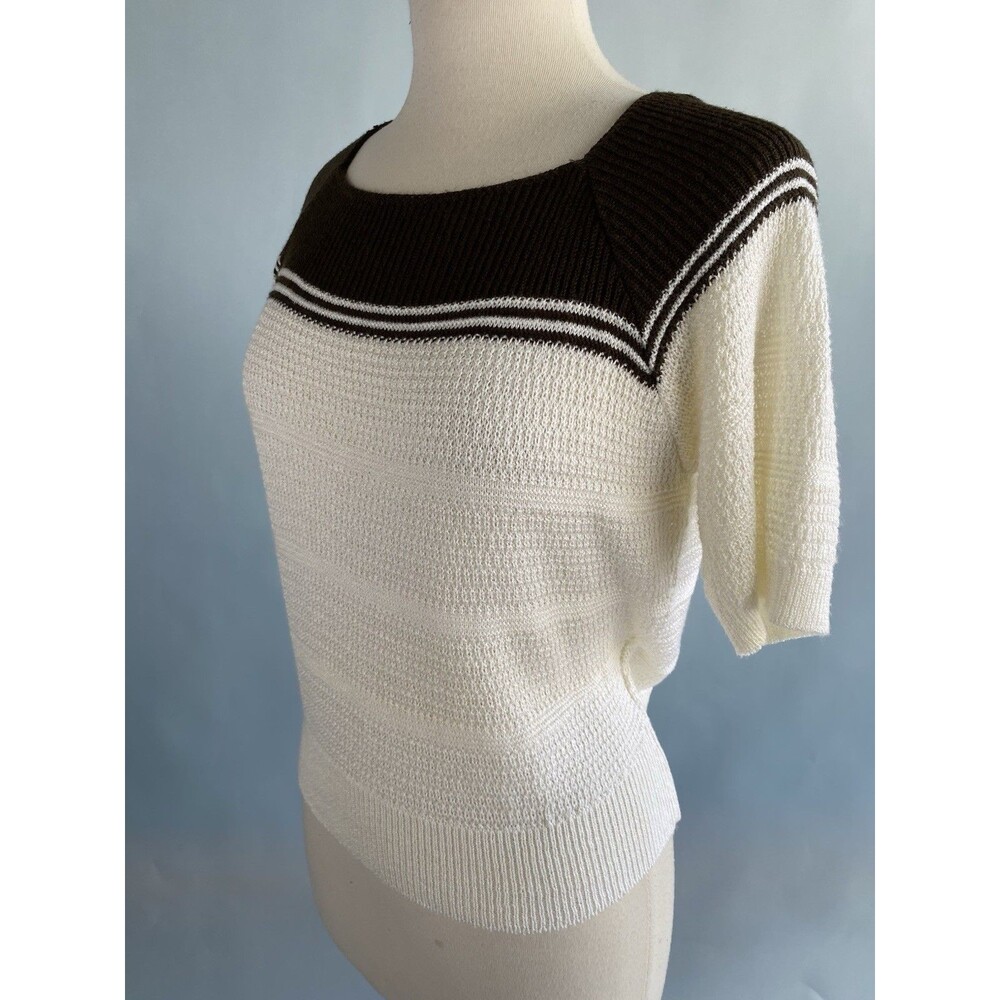 Vintage Cream Brown Square Neck Pullover Knit Short Sleeve Sweater Large Volup